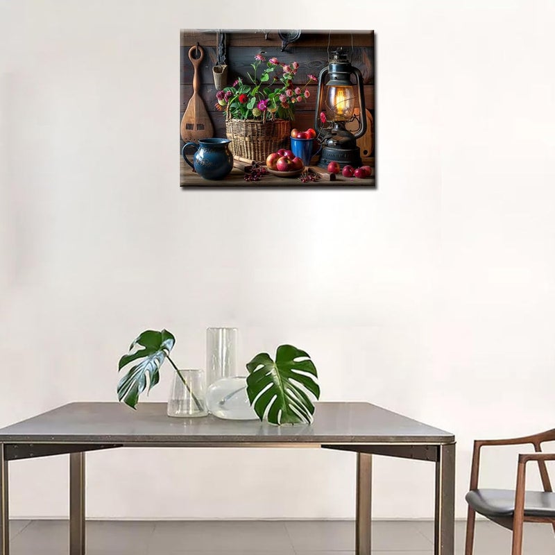 Aihonmin Rustic Style DIY Oil Painting on Canvas 16x20 Inch Paint by Numbers for Adults Kids Flower Oil Lamp and Apple Acrylic Pigment Watercolor Paint Kits Retro European Style Home Wall Decor(Frameless) - Image 3